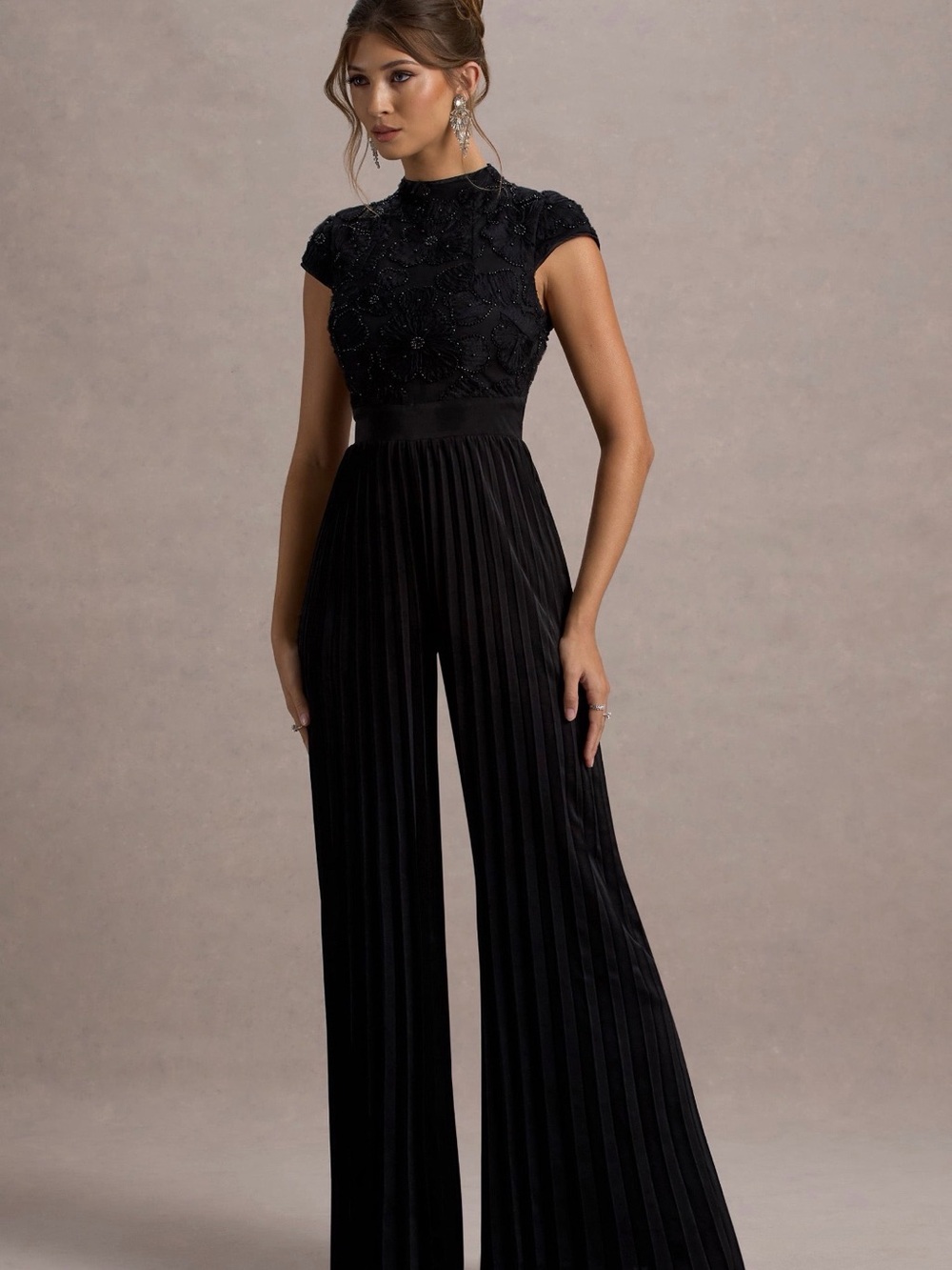 Club L London Black Beaded High-Neck Pleated Wide-Leg Jumpsuit